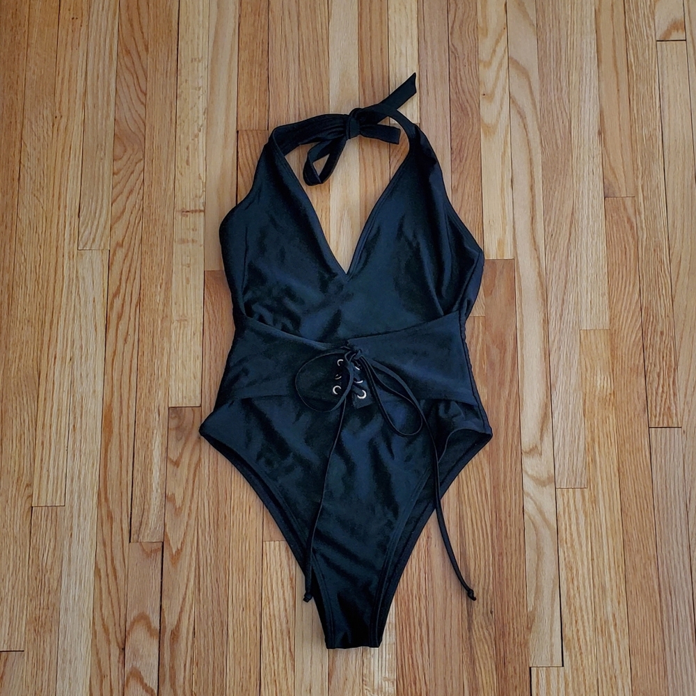 black Express one piece high leg / halter top swim suit